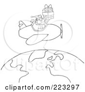 Poster, Art Print Of Coloring Page Outline Of Santa Flying A Plane And Holding Gifts Above The Globe