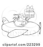 Poster, Art Print Of Royalty-Free Rf Clipart Illustration Of A Coloring Page Outline Of Santa Flying A Plane And Holding Up Gift Boxes