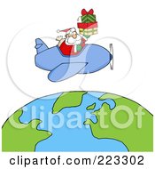 Poster, Art Print Of Caucasian Santa Flying A Plane And Holding Gifts Above The Globe