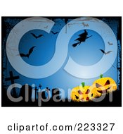 Halloween Background Of Spooky Jackolanterns With Tombstones A Witch Web And Bats On Blue With Black Grunge Borders