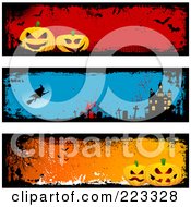 Digital Collage Of Three Grungy Halloween Pumpkin Witch And Haunted House Headers