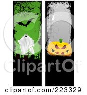 Digital Collage Of Two Grungy Ghost Cemetery And Pumpkin Vertical Borders