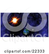 Clipart Illustration Of A Fictional Layout Of The Bright Sun Earth And The Moon In The Dark Blue Night Of Starry Space