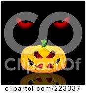 Royalty Free RF Clipart Illustration Of A Halloween Background Of Demonic Eyes Ove Ra Jackolantern On Reflective Black by KJ Pargeter