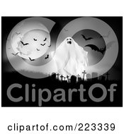 Royalty Free RF Clipart Illustration Of A Spooky Ghost By A Full Moon With Vampire Bats Above A Cemetery by KJ Pargeter