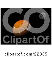 Clipart Illustration Of A Fictional Orange Planet With White Whispy Clouds In The Dark Black Night Of Space With The Moon In The Distance