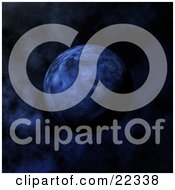 Poster, Art Print Of Fictional Blue Planet With Bumpy Textured Areas In The Dark Blue Night Of Starry Space