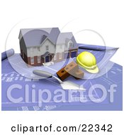 Poster, Art Print Of Custom Two Story Residential Home A Trowel Bricks And A Hardhat On Top Of Blueprints