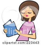 Poster, Art Print Of Brunette Woman Reading A Blue Book