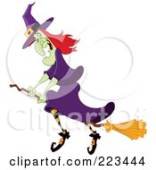 Poster, Art Print Of Green Witch In A Purple Dress And Striped Stockings Flying On A Broomstick