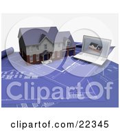 Poster, Art Print Of Custom Two Story Residential House And A Laptop With An Architectural Program Resting On Top Of Blueprints