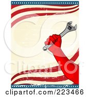 Royalty Free RF Clipart Illustration Of A Labor Workers Hand Holding Up A Wrench Over A Grungy American Background