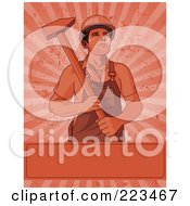 Poster, Art Print Of Labor Worker Holding A Pick Over A Blank Box On A Grungy Red Burst Background
