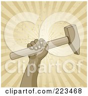Poster, Art Print Of Labor Worker Holding Up A Pick On A Grungy Beige Burst Background