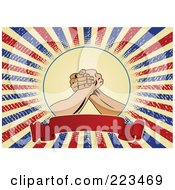 Royalty Free RF Clipart Illustration Of Labor Worker Hands Over A Blank Banner On A Grungy American Background by Pushkin