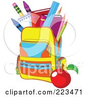 Royalty Free RF Clipart Illustration Of A Colorful School Bag With An Apple And Supplies by Pushkin