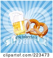 Royalty Free RF Clipart Illustration Of A Soft Pretzel And Beer Over An Oktoberfest Banner On A Blue Burst by Pushkin