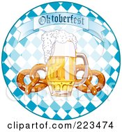 Royalty Free RF Clipart Illustration Of A Checkered Oktoberfest Circle With Soft Pretzels And Beer