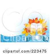 Poster, Art Print Of Oktoberfest Beer And Autumn Leaves Over A Blank Banner On A Blue And White Checkered Background