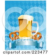 Poster, Art Print Of Oktoberfest Beer With Soft Pretzels Over A Blue Banner On A Checkered Background