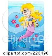Poster, Art Print Of Blond Mermaid Swimming With Flowers