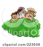 Poster, Art Print Of Royalty-Free Rf Clipart Illustration Of Three Men Peeking Over A Bush