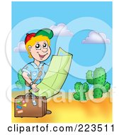 Poster, Art Print Of Traveling Boy Reading A Map In The Desert