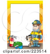 Royalty Free RF Clipart Illustration Of A Fireman And Dog Border With Flames Around White Space by visekart