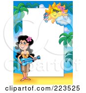 Hawaiian Girl Playing Music Border Frame Around White Space