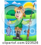 Boy Holding A Fish And His Pole Near A Lake