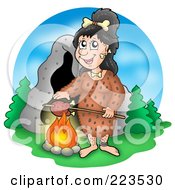 Royalty Free RF Clipart Illustration Of A Cave Woman Roasting Meat By A Cave by visekart
