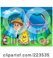 Poster, Art Print Of Boy Peeking Out Of A Tent At A Campfire