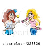 Royalty Free RF Clipart Illustration Of Women Playing Tennis And Weight Lifting by visekart