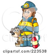 Poster, Art Print Of Fireman By A Dog Holding An Extinguisher