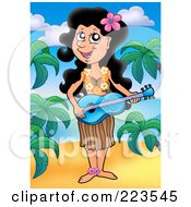 Hawaiian Woman Standing On A Beach And Playing Music