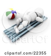 Poster, Art Print Of White Character Lying On His Belly And Sun Bathing By A Beach Ball On A Warm Beach