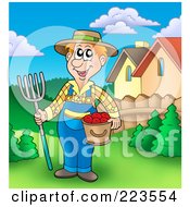 Royalty Free RF Clipart Illustration Of A Farmer Holding A Bushel Of Apples And A Pitchfork