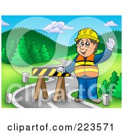 Royalty Free RF Clipart Illustration Of A Road Construction Worker Standing By A Barrier by visekart