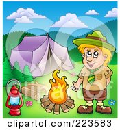 Poster, Art Print Of Blond Scout Boy Presenting A Camp Fire By A Tent