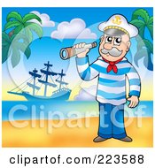 Poster, Art Print Of Senior Sailor Holding A Spyglass On A Beach