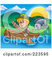Poster, Art Print Of Fish Jumping Near A Blond Scout Boy Rowing A Boat