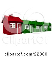 Clipart Illustration Of A Unique Red Brick Home In A Row Of Green Houses In A Neighborhood Over White