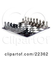 Poster, Art Print Of Lineup Of Black And White Chess Pieces Kings Queens Rooks Knights Bishops And Pawns On A Both Sides Of The Chessboard Ready For A Battle