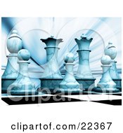 Poster, Art Print Of Lineup Of The White Chess King Queen Bishops And Pawns On A Chessboard Cast In Blue Light