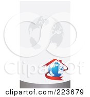 Poster, Art Print Of Business Card Design Of A Red Ribbon Forming A House Over A Globe On A Gray Globe Background
