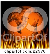 Clipart Illustration Of A Line Of Flames Burning Under Planet Earth by KJ Pargeter
