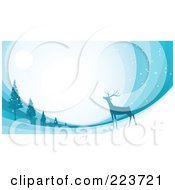 Poster, Art Print Of Christmas Background Of A Reindeer Under The Moonlight Near Trees Over Blue Swooshes
