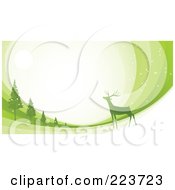 Poster, Art Print Of Christmas Background Of A Reindeer Under The Moonlight Near Trees Over Green Swooshes