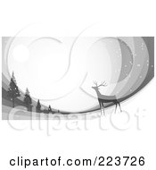 Poster, Art Print Of Christmas Background Of A Reindeer Under The Moonlight Near Trees Over Gray Swooshes