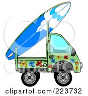 Royalty Free RF Clipart Illustration Of A Mini Green Floral Truck With A Surf Board On The Back